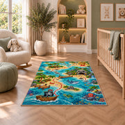 Cartoon treasure hunt map with sea animals rug in a nursery seating area
