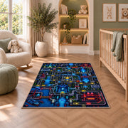 Futuristic sci-fi city circuit maze rug in a nursery seating area