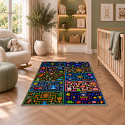 Multi-level arcade game board rug in a nursery seating area
