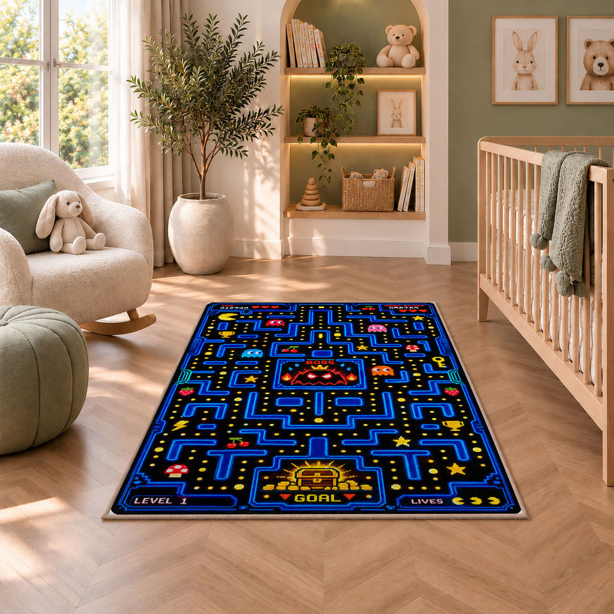 Arcade maze with boss and treasure goal rug in a nursery seating area