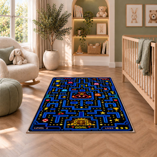 Arcade maze with boss and treasure goal rug in a nursery seating area