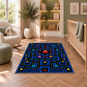 Classic neon blue arcade maze rug in a nursery seating area