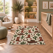 Western icons pattern rug in a nursery with a crib and armchair