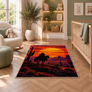 Cowboy sunset rider rug in a nursery with a crib and armchair