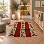 Cowboy plaid check rug in a nursery with a crib and armchair
