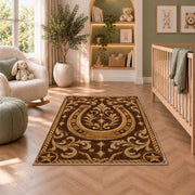 Tooled leather horseshoe rug in a nursery with a crib and armchair
