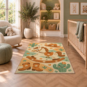 Little cowboy nursery rug in a nursery with a crib and armchair