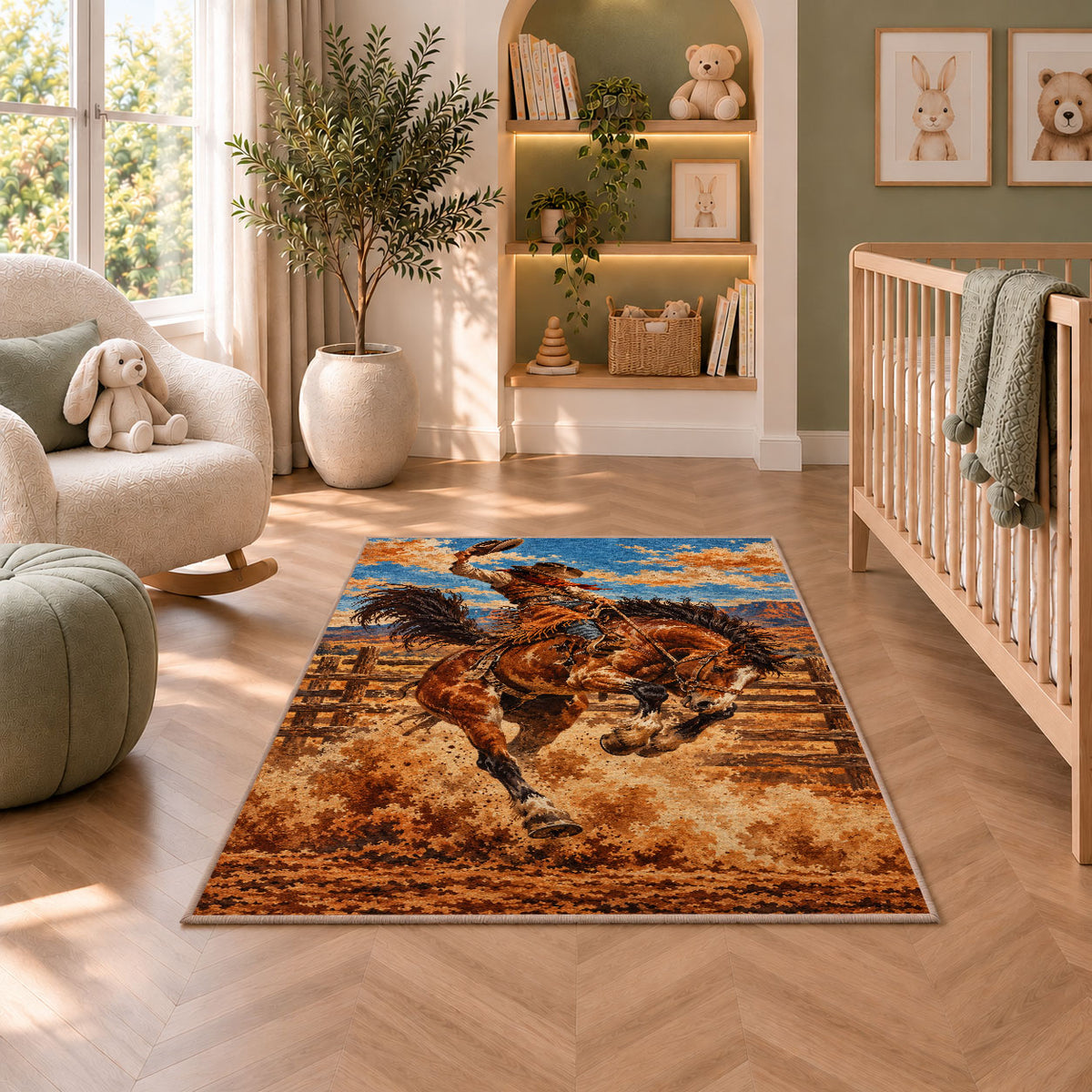 Rodeo bronc rider rug in a nursery with a crib and armchair