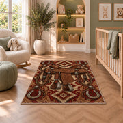 Tooled saddle rug in a nursery with a crib and armchair
