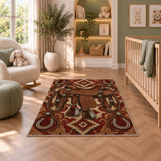 Tooled saddle rug in a nursery with a crib and armchair