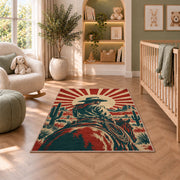Vintage cowboy poster rug in a nursery with a crib and armchair