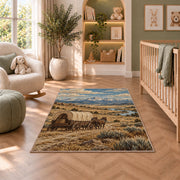 Covered wagon prairie rug in a nursery with a crib and armchair