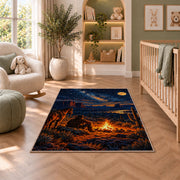 Cowboy campfire rug in a nursery with a crib and armchair