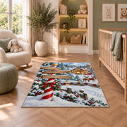 North Pole Signpost rug in a nursery with a crib and armchair