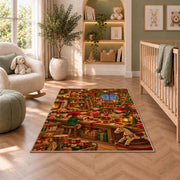 Santa's Workshop Elves rug in a nursery with a crib and armchair