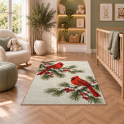 Winter Cardinals on Pine rug in a nursery with a crib and armchair