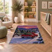 Christmas Tree Farm Red Truck rug in a nursery with a crib and armchair