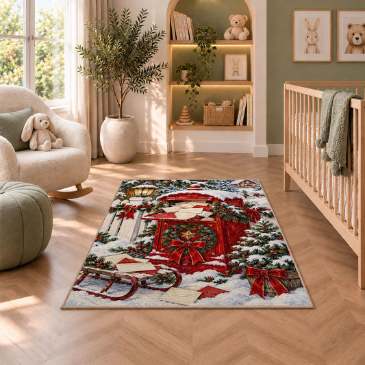 Letters to Santa Mailbox rug in a nursery with a crib and armchair