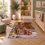 Wooden Sled Snowy Porch rug in a nursery with a crib and armchair