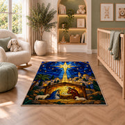 Bethlehem Star Stained Glass rug in a nursery with a crib and armchair