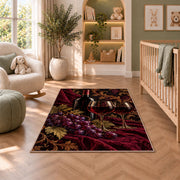 red wine and grapes rug in a nursery with a crib and armchair