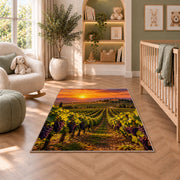 vineyard sunset rug in a nursery with a crib and armchair