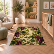 grapevine cluster rug in a nursery with a crib and armchair
