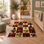 checkered wine rug in a nursery with a crib and armchair
