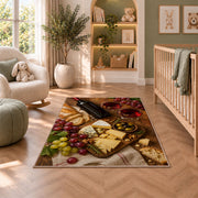 wine and cheese board rug in a nursery with a crib and armchair