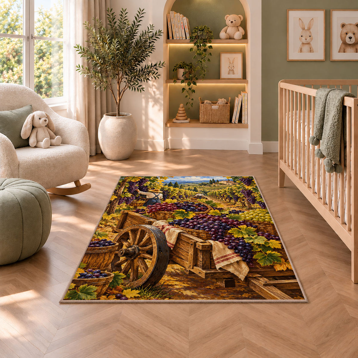 grape harvest rug in a nursery with a crib and armchair