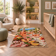 rose wine summer rug in a nursery with a crib and armchair