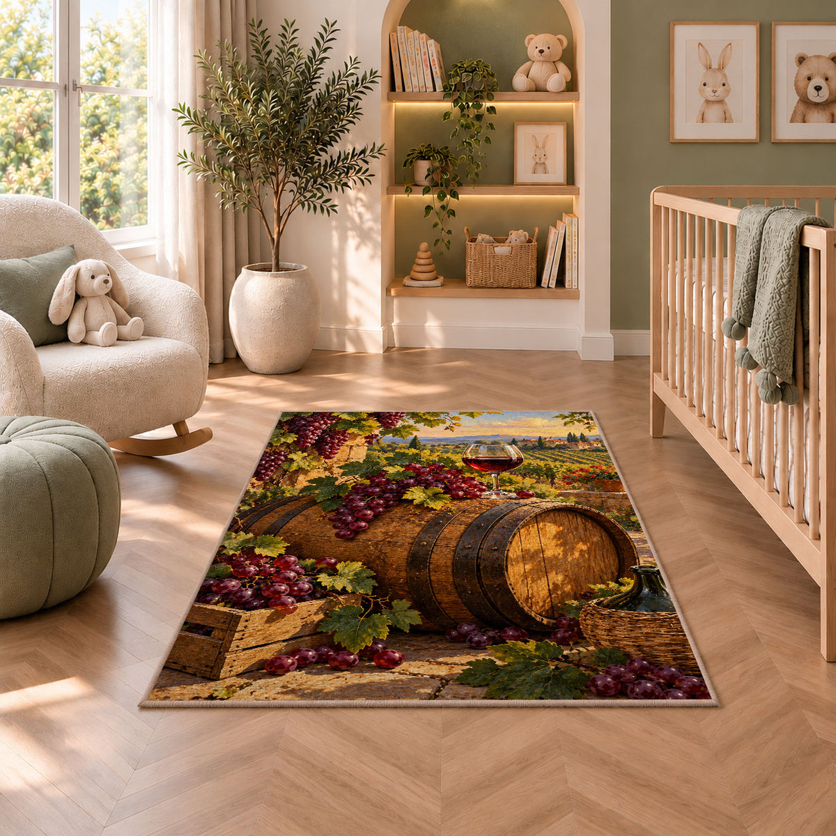 oak wine barrel rug in a nursery with a crib and armchair