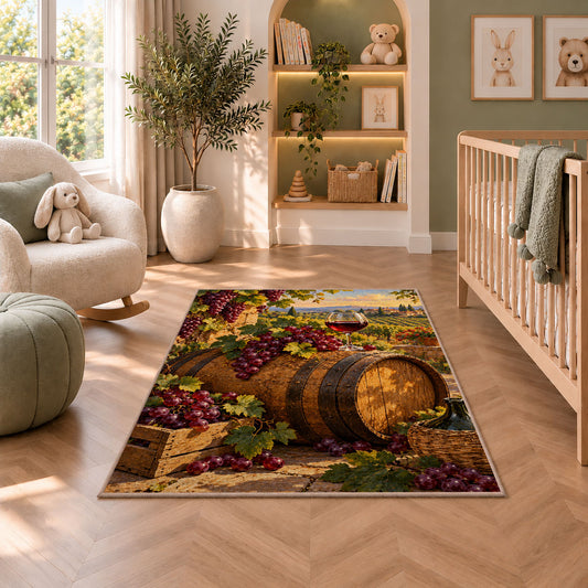 oak wine barrel rug in a nursery with a crib and armchair