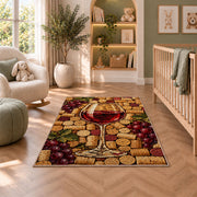wine cork mosaic rug in a nursery with a crib and armchair