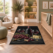 dark slate wine still life rug in a nursery with a crib and armchair