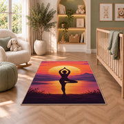 tree pose yoga sunset rug in a nursery with a crib and armchair