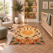 sun salutation yoga rug in a nursery with a crib and armchair