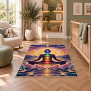 chakra meditation rug in a nursery with a crib and armchair