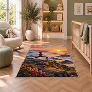 warrior pose mountain rug in a nursery with a crib and armchair
