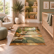 yoga studio rug in a nursery with a crib and armchair