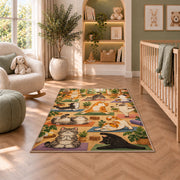 cats doing yoga rug in a nursery with a crib and armchair