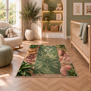 yoga mat flat lay rug in a nursery with a crib and armchair