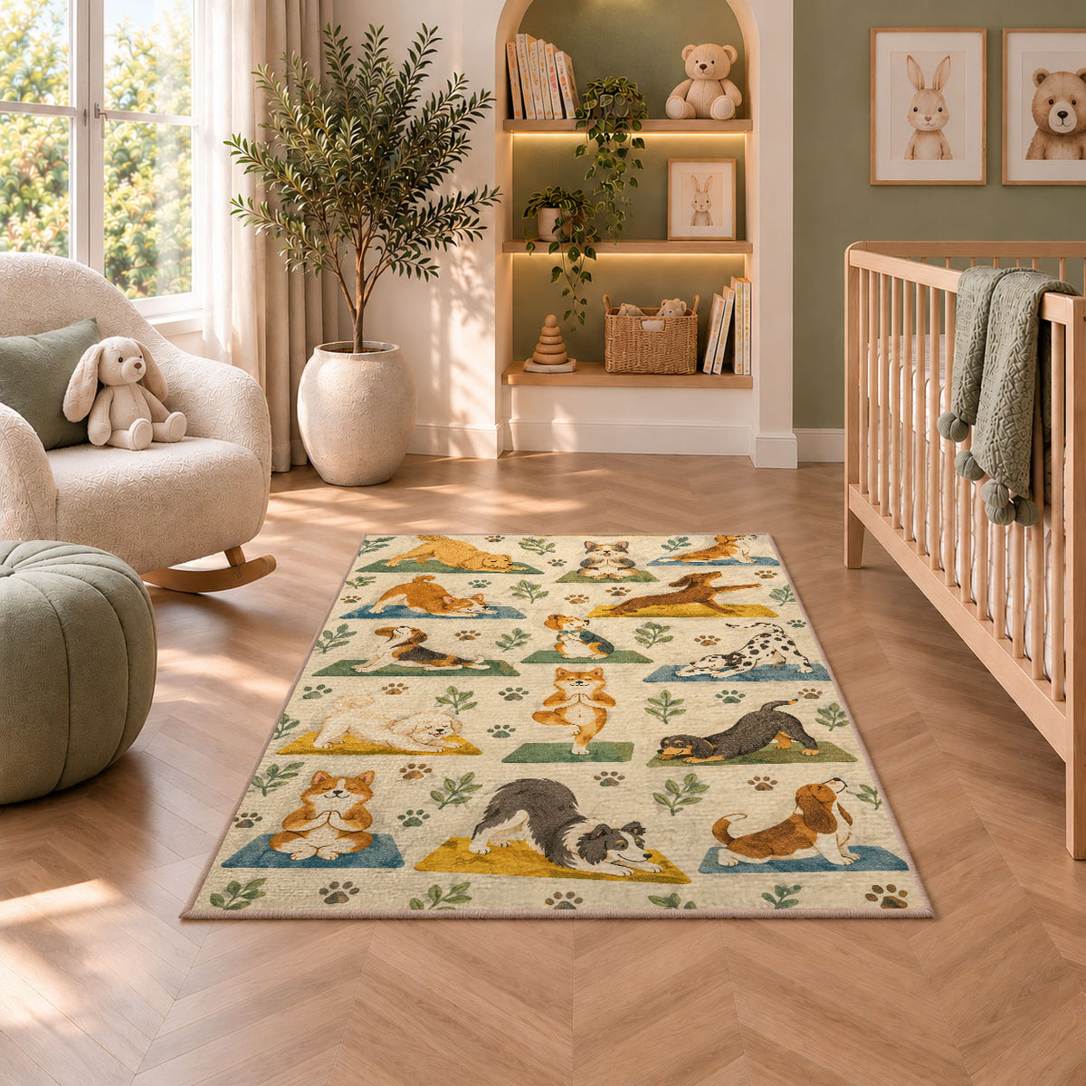 dogs doing yoga rug in a nursery with a crib and armchair
