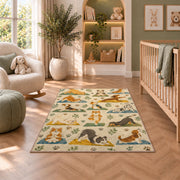 dogs doing yoga rug in a nursery with a crib and armchair