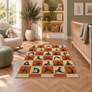 yoga poses checkered rug in a nursery with a crib and armchair