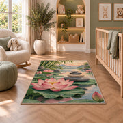 zen stones and lotus rug in a nursery with a crib and armchair