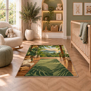 tropical yoga deck rug in a nursery with a crib and armchair