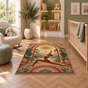 boho arch yoga rug in a nursery with a crib and armchair