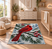 Cardinal on Snowy Branch Rug in a nursery beside a crib and dresser