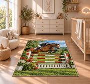 Show Jumping Horse Rug in a nursery beside a crib and dresser